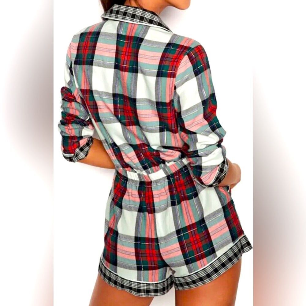 Victoria's Secret Plaid Flannel Romper M Rhinestone Tartan Pajama Panty Set NWT - Picture 2 of 10